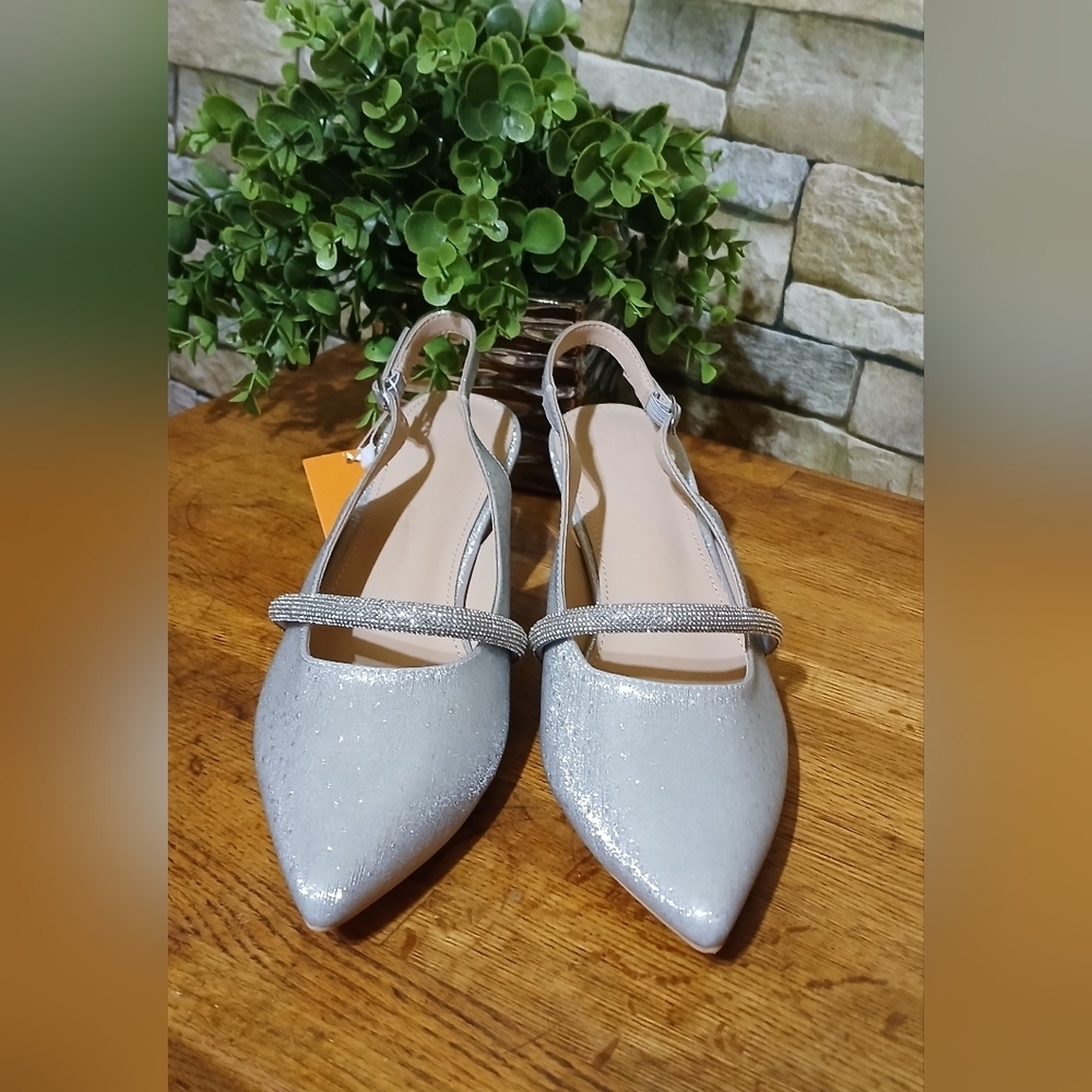 New KKDOM Chunky Closed Pointed Toe Block‎ Heels Strappy Silver Metallic Formal - Picture 3 of 7